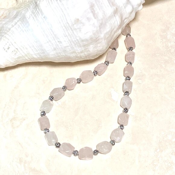 Beaded Diamond-cut Rose Quartz Necklace, Pale Pink Genuine Gemstone Choker - Picture 8 of 10